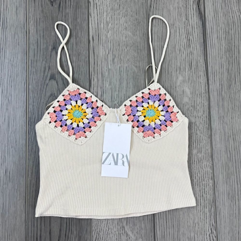 Zara Size L Cotton Cropped Crochet Pullover Ribbed Festival NEW Top Boho Hippie